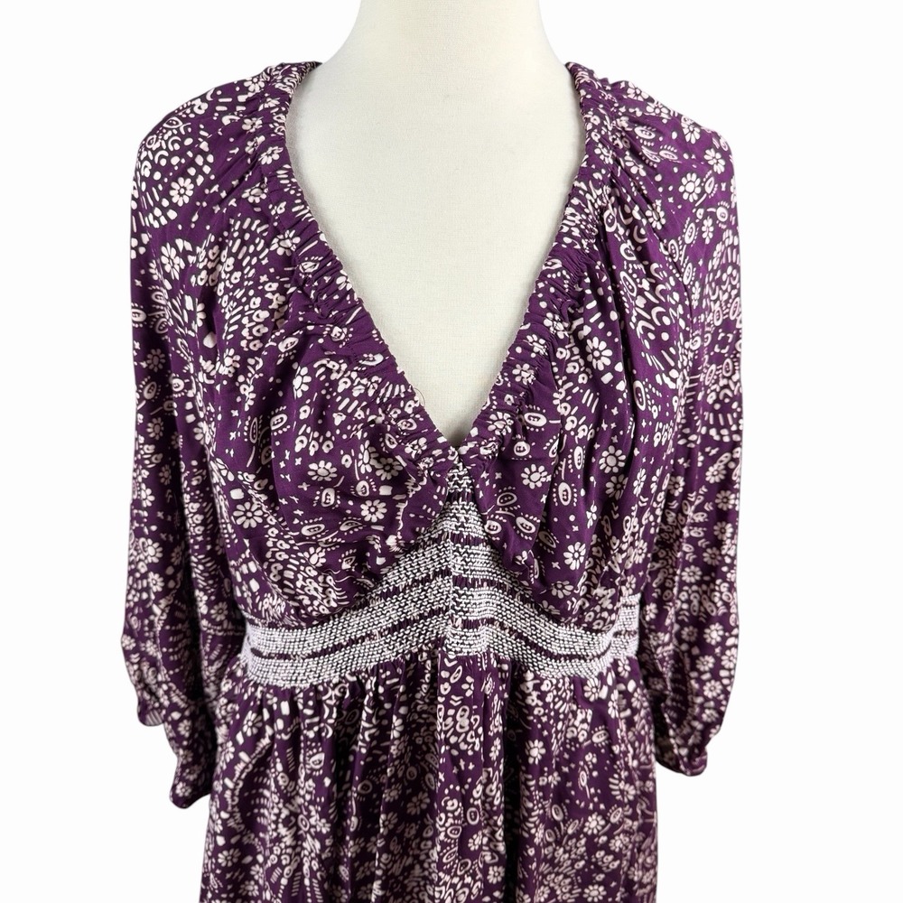 Torrid Maxi V-Neck Raglan Sleeve Dress 3X Purple Smocked Embroidered Pockets NWT